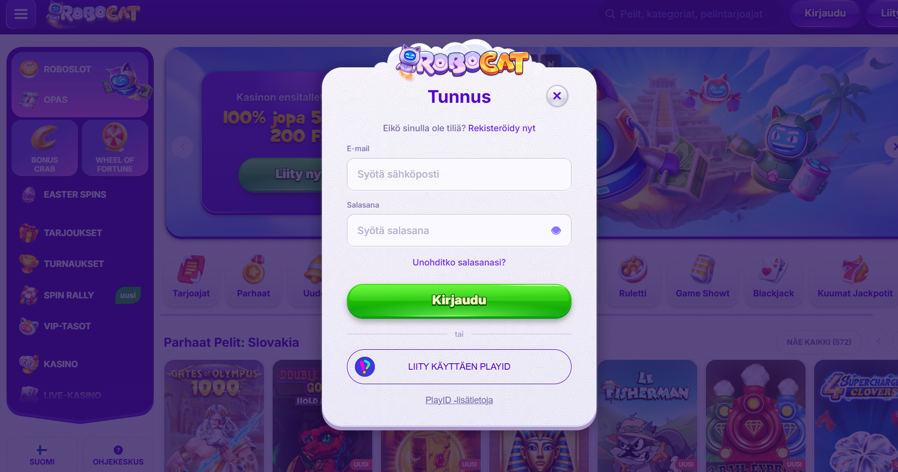 Finnish-language login popup for RoboCat casino with email and password fields, a green “Kirjaudu” (log in) button, a PlayID sign-in option, and a blurred casino homepage background.
