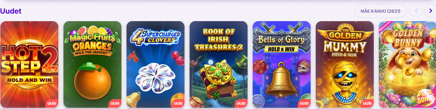 “Uudet” (New) casino games section showing a horizontal carousel of slot thumbnails, including Hot Step 2, Magic Fruits Oranges, 4 Supercharged Clovers, Book of Irish Treasures 2, Bells of Glory, Golden Mummy, and Golden Bunny, each marked as new.