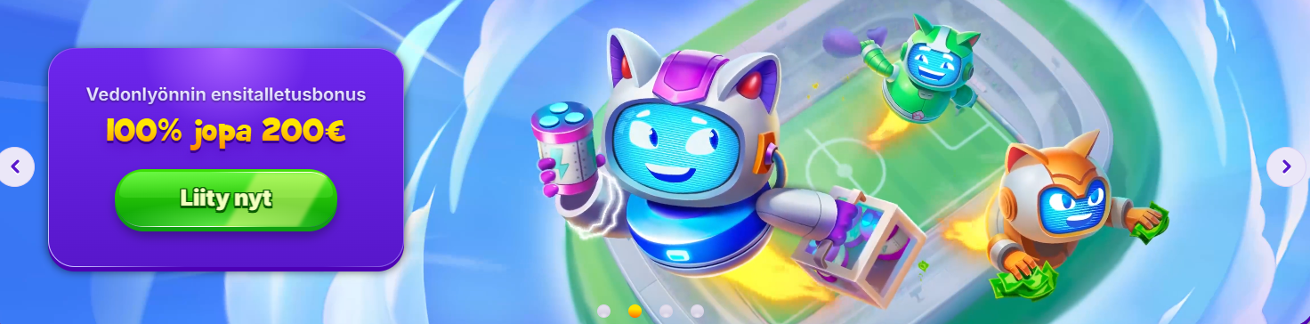 Finnish casino banner featuring RoboCat characters flying over a stadium, with a purple promo box advertising a sports first deposit bonus of 100% up to €200 and a green “Liity nyt” (Join now) button.