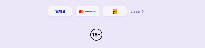 Casino footer with Visa, Mastercard, and Jeton payment icons, a Finnish “More” link, and an 18+ age restriction badge on a light grey background.